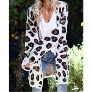 White Fuzzy Leopard Print Open Front Pocket Cardigan